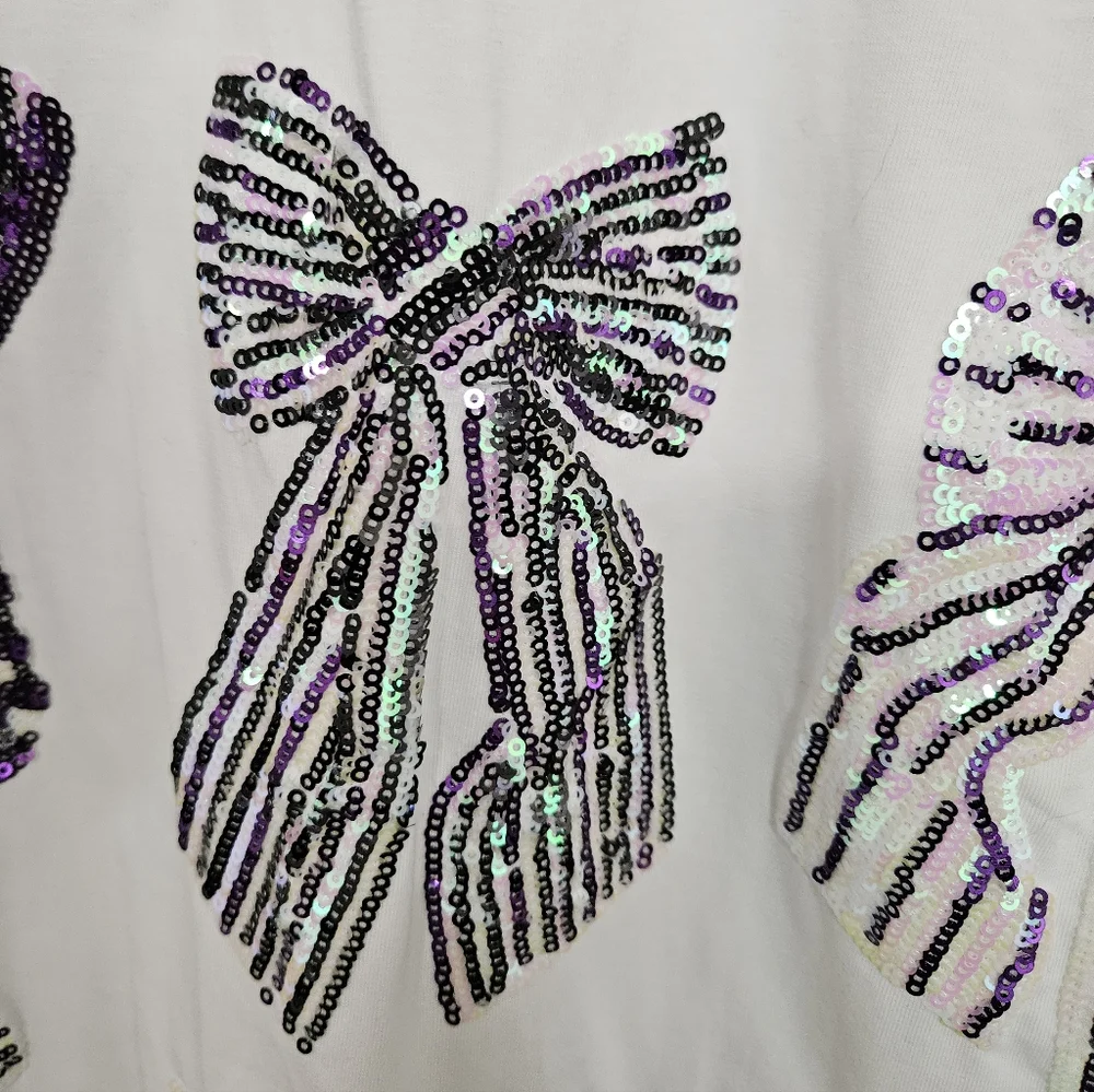 QUEEN OF SPARKLES White Short Sleeve Tee with Purple Sequin Bows - Picture 6 of 9